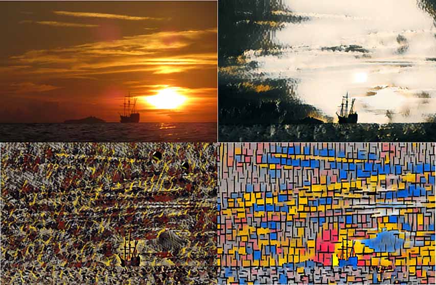 Una foto de una puesta de sol cerca de Dubrovnik_OPT Una foto de una puesta de sol cerca de Dubrovnik, Croacia, tomada por el primer autor e imitada en el estilo de tres pintores distintos (Kline, Mondrian y Pollock, en el sentido del reloj) por Instapainting.com.