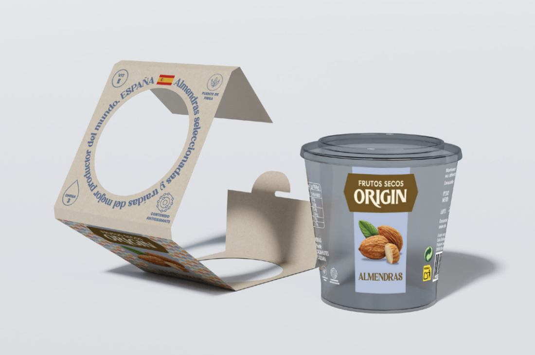 envase almendras origin Bote sin fajín de cartón Folding del modelo almendras